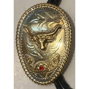 Vintage Metal Bolo Tie, Alpaca Silver and Brass, Nice Red Stone